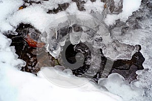Cave of ice , frozen water , icicles on water