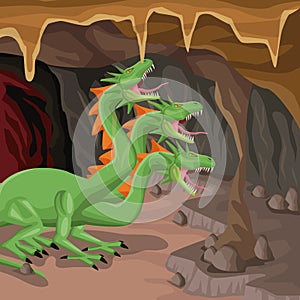 Cave interior background with hydra mythological creature