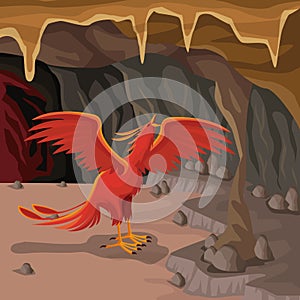 Cave interior background with phoenix greek mythological creature