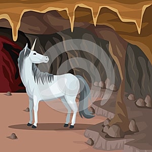 Cave interior background with unicorn greek mythological creature