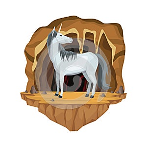 Cave interior scene with unicorn greek mythological creature