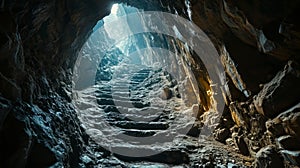 Cave interior with stairs leading to the light