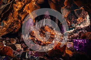 cave with intricate and colorful mineral formations, including amethyst and quartz