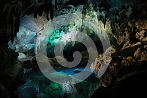 cave with intricate pattern of glowing blue and green algae