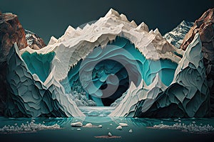 Cave leading into magestic glacier, imaginary landscape, AI generative