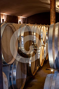 Cave with many  wine casks on wine domain in Cotes de Provence near Collobrieres , region Provence, south of France