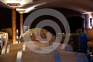 Cave with many  wine casks on wine domain in Cotes de Provence near Collobrieres , region Provence, south of France