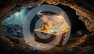 Cave with an open treasure box filled with shiny gold. Generative AI