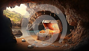 Cave with an open treasure box filled with shiny gold. Generative AI