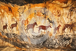 Cave painting. Cave Wall Chronicles. Stories Told Through Primitive Ancient Art. Old rock paintings of primitive people