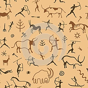Cave painting pattern. Seamless print of primitive ancient drawing of hunting men, prehistoric animals and patterns