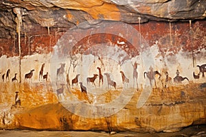 cave paintings and primitive rock art on a cavern wall