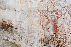 cave paintings in San Ignacio Cajamarca Peru with hunters and warriors used boleadora stones with an antiquity of 5000 to