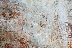 cave paintings in San Ignacio Cajamarca Peru with hunters and warriors used boleadora stones with an antiquity of 5000 to