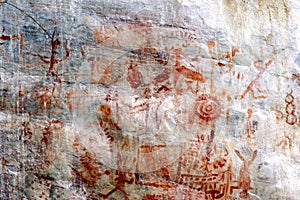 cave paintings in San Ignacio Cajamarca Peru with hunters and warriors used boleadora stones with an antiquity of 5000 to