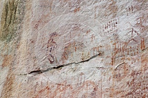 cave paintings in San Ignacio Cajamarca Peru with hunters and warriors used boleadora stones with an antiquity of 5000 to