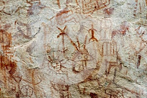 cave paintings in San Ignacio Cajamarca Peru with hunters and warriors used boleadora stones with an antiquity of 5000 to