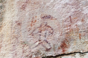 cave paintings in San Ignacio Cajamarca Peru with hunters and warriors using boleadora stones dating from 5,000 to 10,000 years BC