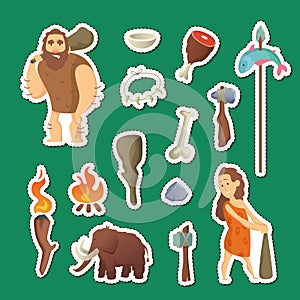 Cave people elements. Vector cartoon cavemen stickers set illustration
