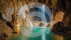 Stunning Cave Interior with Waterfall and Turquoise Pool