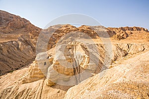 Cave in Qumran, where the dead sea scrolls were found photo