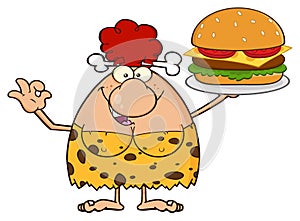 Cave Red Hair Woman Cartoon Mascot Character Holding A Big Burger And Gesturing Ok
