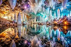 Cave Reflections, Crystal Stalactites, Illuminated Pool