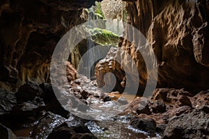 cave with rushing waterfall, flowing into the cavern and down to the floor