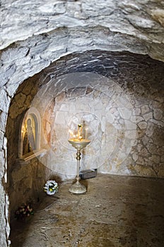 The cave of St. Savva in the Savvino-Storozhevsky Monastery Zvenigorod Russia