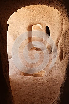 The cave structure inside the famous Uchisar Castle, Kalesi, Cappadocia, Turkey