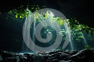 Cave with sunlight shining through the trees at night in tropical forests. Generative AI