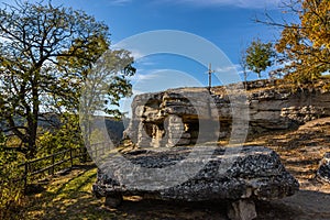 Cave-temple of pre-Christian time Pagan IX century in the village of Monastyrok in Ukraine