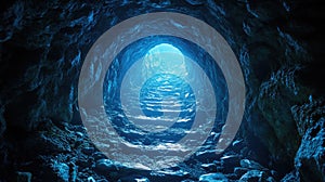 Cave tunnel stairway leading to light