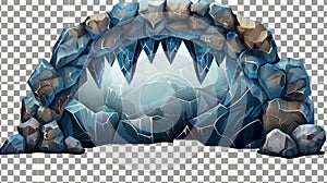 Cave, tunnel, or stone arch isolated on transparent background. Modern template with cartoon stone frame, cavern, or