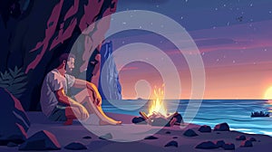 In the cave of an uninhabited island at night, a single castaway man basks by a bonfire. Cartoon illustration of a