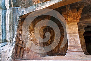Cave 3 : View of verandah, from outside. Badami Caves, Karnataka. Figures seen from left to right - Harihara, partial view of Vish photo