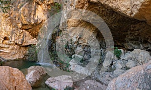 Cave, waterfall, canyon panoramic view with no people