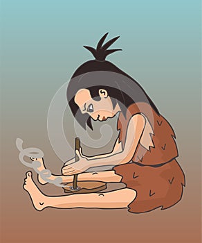 Cave woman making fire cartoon