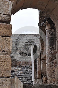 Cavea from Scaenae Frons Behind Stage at Historic Theatre, Hierapolis, Pamukkale, Denizli Province, Turkey photo