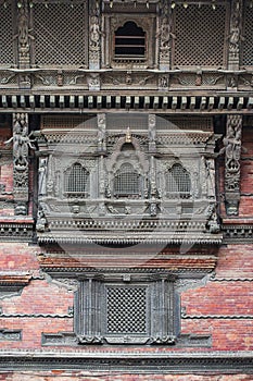 Caved balcony and window of Hanuman Dhoka , the Royal palace , Durbar Square , Kathmandu , Nepal , 2014 photo