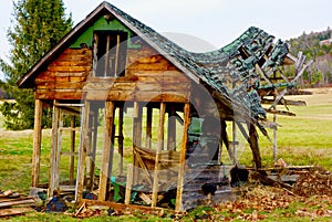 Caved in roof wrecked abandoned Maine building