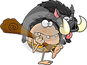 Caveman Cartoon Character With Club Carrying Boar