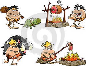 Caveman Cartoon Characters. Vector Hand Drawn Collection Set