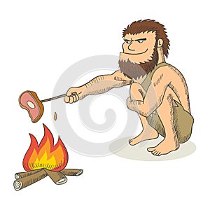 Caveman cooking meat on fire