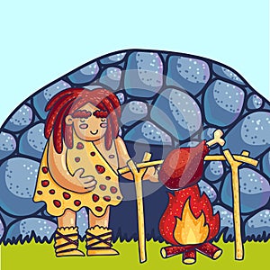 Caveman cooking meat on fire cartoon vector illustration