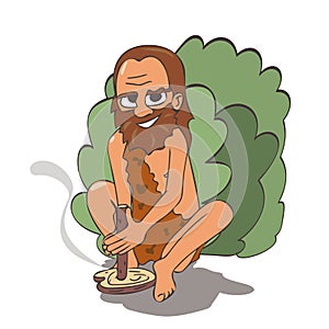 Caveman creating fire by friction , cartoon illustration of stone age technology