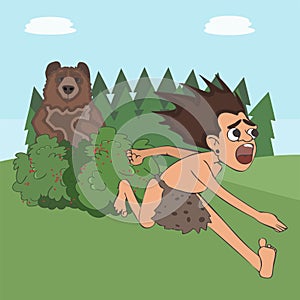 Caveman escaping the bear funny cartoon