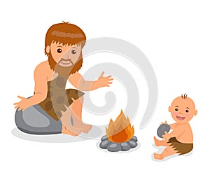 Caveman. Father and son sitting near the fire. Isolated characters prehistoric people on a white background