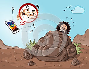 Caveman get scared seeing a gadget