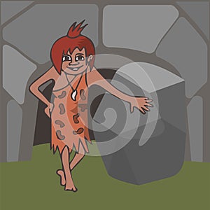 Caveman girl near the cave entrance